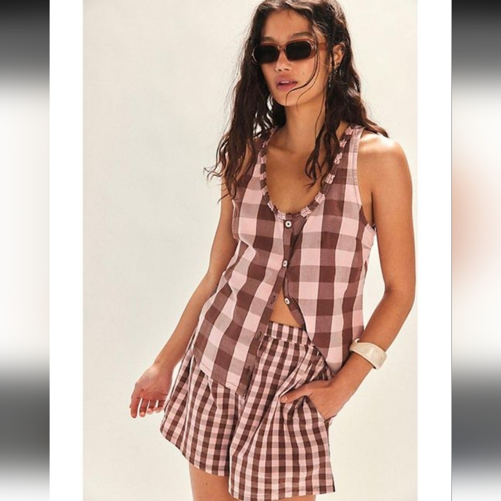 Free People Pink and Brown Gingham Button Tank